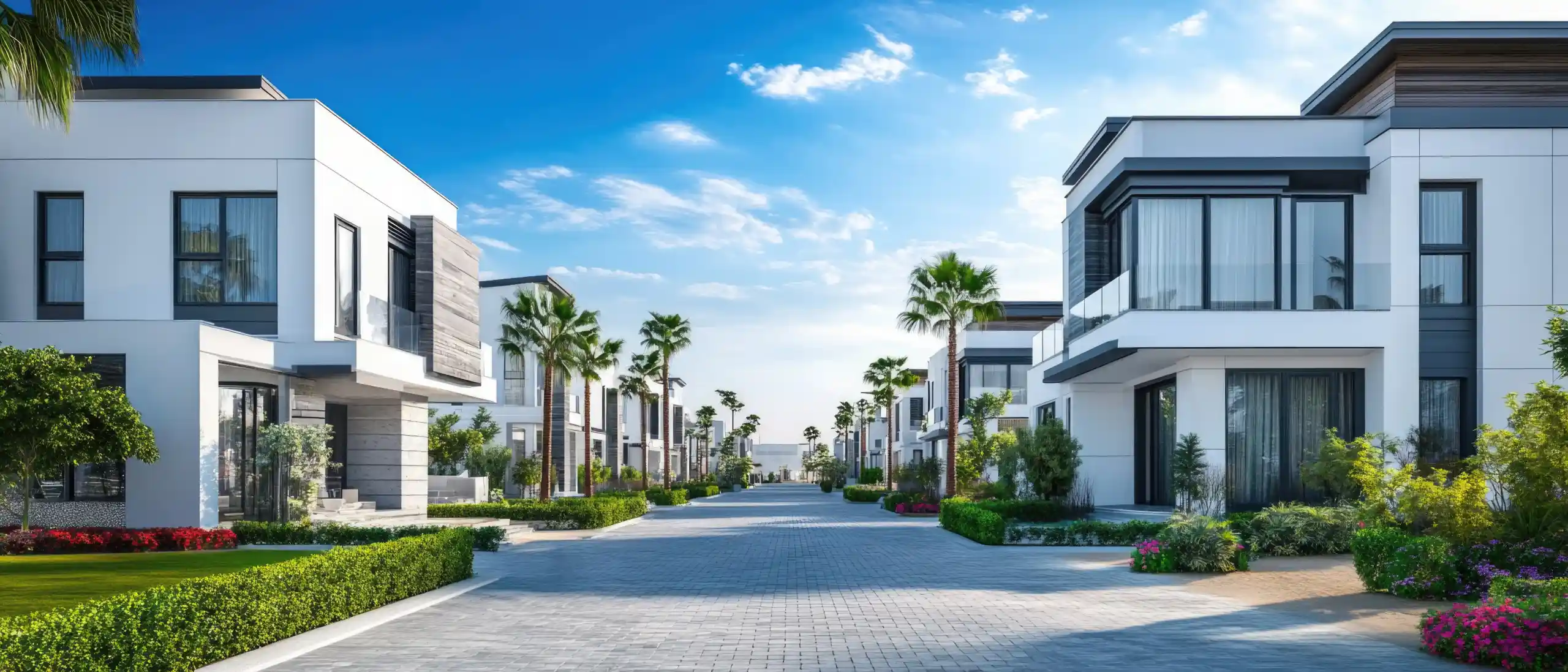 Modern residential villas lining a palm-tree street